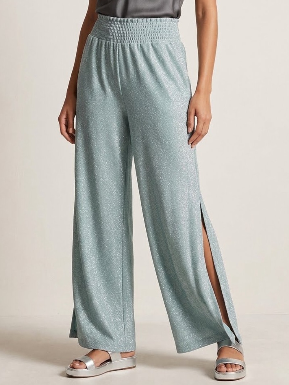 Boston Proper Aqua Blue Sparkly Stretch Lurex Wide Leg Pants Size Large